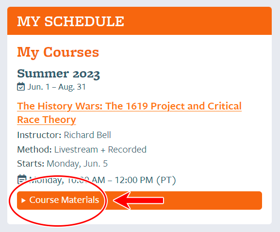 View of "My Schedule" with arrow pointing at "Course Materials"