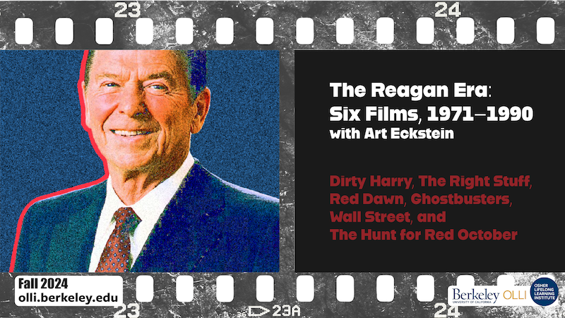 "Film strip with grainy photo of Reagan on left and title on right"