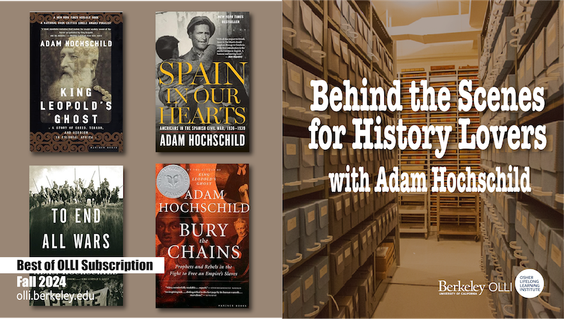 "Covers of Hochschild's books on right and stack of bookshelves on left""