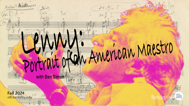 "Iridescent closeup of Leonard Bernstein against sheet of his music"