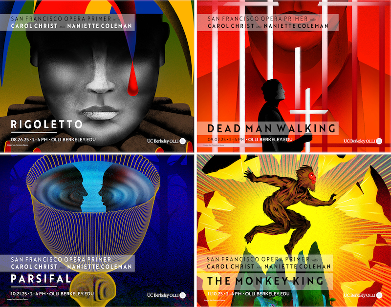 Collage of four SF Opera posters depicting four operas of fall season: Rigoletto, Dead Man Walking, Parsifal, and The Monkey King